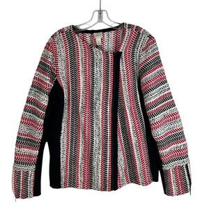 CHICOS Red Black Asymmetrical Full Zip Textured Bold Moto Sofia Cardigan‎ Size 2